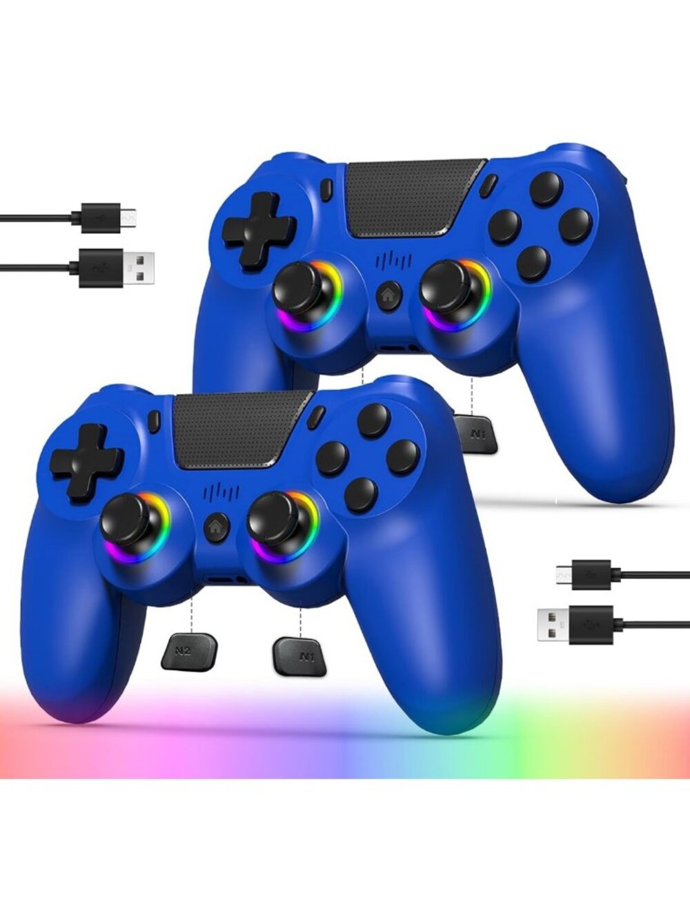 2-Pack Wireless PS4 Controllers with RGB Lighting, Dual Vibration & 1000mAh